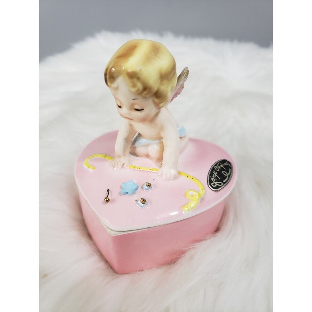 RARE Josef Originals Angel Trinket Box NEEDLES & PINS-Cherubs on Hearts Series